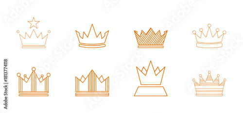 Collection of outline crown icons, set of royal headdresses with stars and jewels, king and queen authority and monarchy symbols.
