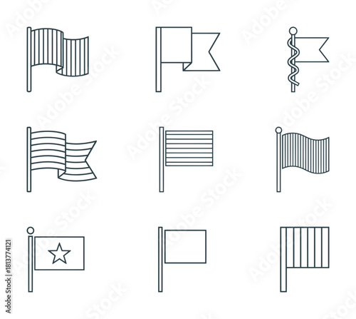 Set of various flag icons in line art style, different shapes and patterns representing national and organizational symbols, patriotism and sign concept.