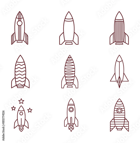 Set of linear rocket ship icons, various spacecraft designs with boosters and flames, space travel and exploration line art collection.