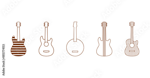 Set of linear guitar icons, various musical instruments including electric, acoustic, and banjo line art collection, music and hobby concept.