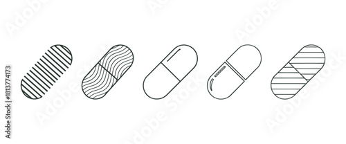 Set of linear medical capsule icons, various pill and medication symbols with different patterns, healthcare, pharmacy, and medicine concept.