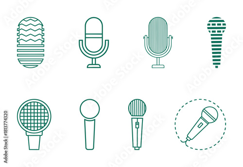 Set of linear microphone icons, various vocal and audio recording equipment symbols, music, podcast, broadcasting, and communication concept.