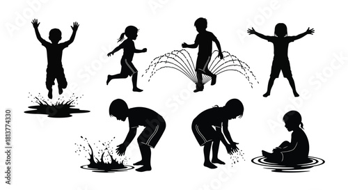 Children playing with water silhouettes of joy and summer activity