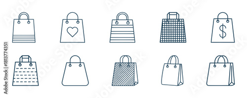 Collection of linear shopping bag icons, various retail and commerce symbols with heart, money, and pattern designs, purchase and sale concept.