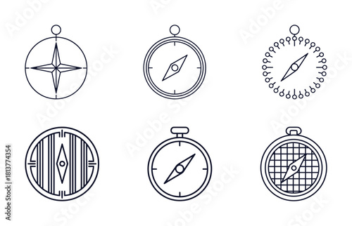 Set of linear compass icons, various navigational instruments with different designs, direction, travel, guidance, and exploration concept.