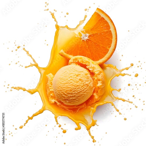 Isolated on a white background are an orange piece and an ice cream scoop or balls with a splash.