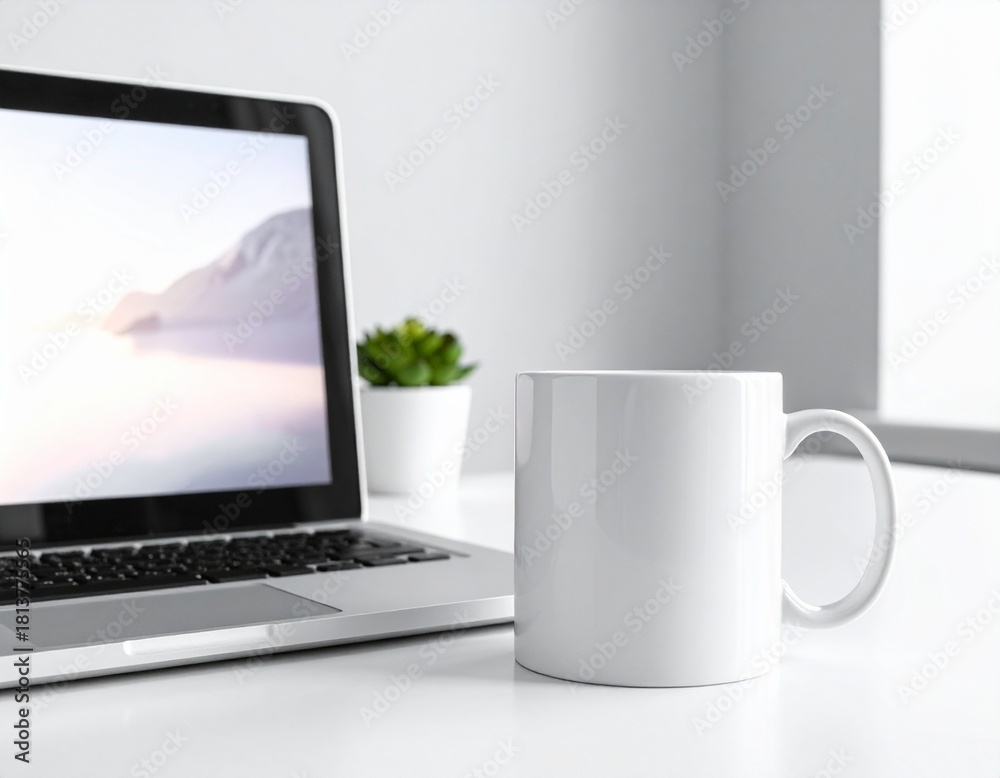 Fototapeta premium Workspace with a laptop and a mug, featuring a small potted plant on a desk