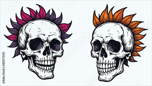 Two stylized punk rock mohawk skulls with vibrant colorful hair isolated on white background