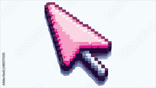 A pixelated pink computer mouse cursor arrow pointing upwards isolated on white background