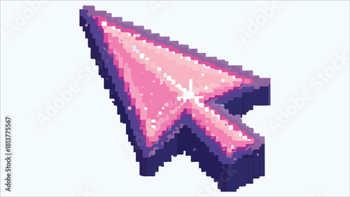A pixelated pink and purple computer mouse cursor arrow pointing upwards isolated on white background