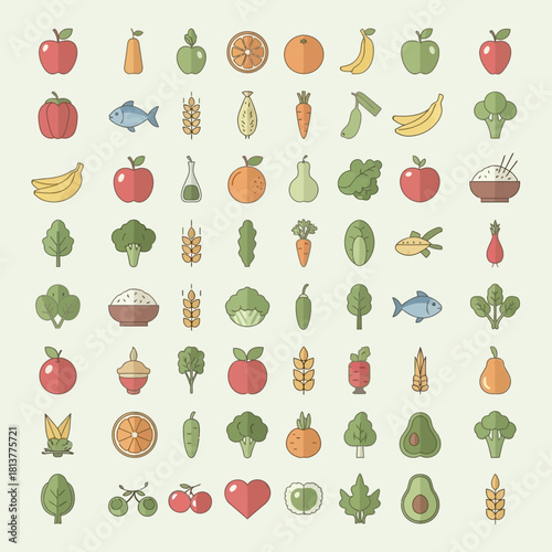 A diverse collection of flat design icons representing healthy foods for a balanced diet.