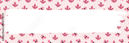 Holiday frame with pink butterflies and plants. Valentine's Day card. Romance. Flat vector design.