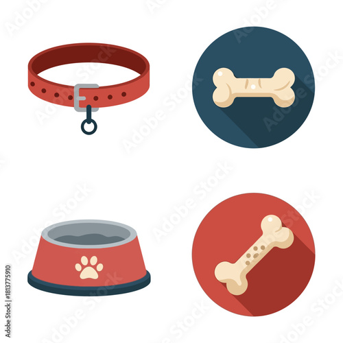 A collection of four flat design icons representing pet care items: a red collar, a dog bowl with a paw print, and two dog biscuits.