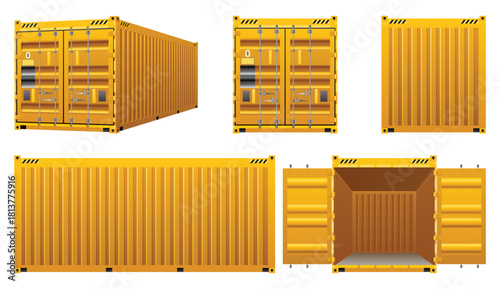 Logistic cargo containers. Front, side back and perspective view. Shipping, transportation and delivery concept. Realistic 3d templates isolated on white background