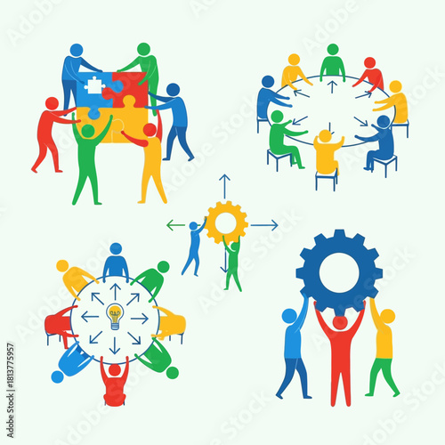 Teamwork and collaboration concept with colorful people and symbols.