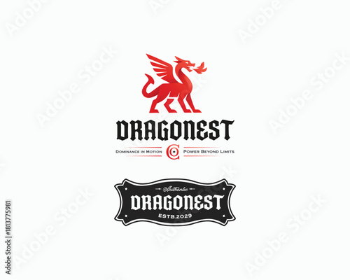 Winged dragon modern logo. King heraldic emblem Vector illustration.