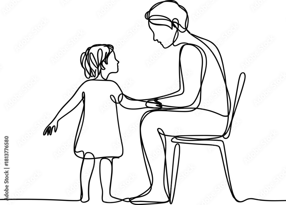 Fototapeta premium Minimalist line drawing of father and daughter having a conversation indoors