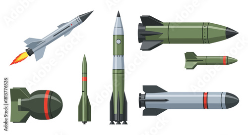 Diverse Set of Military Missiles and Rockets in a Vector Illustration