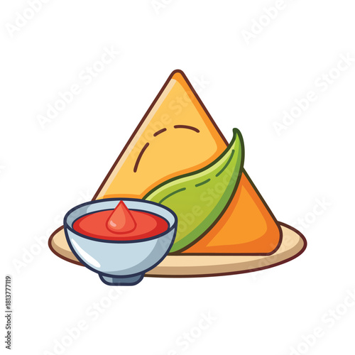 Cartoon Samosa Icon with Sauce and Green Pepper