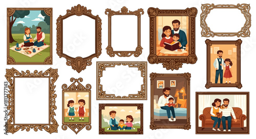 Collection of Vintage and Ornate Picture Frames Displaying Cherished Family Moments and Scenes