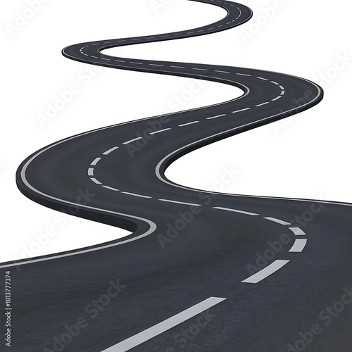Winding asphalt road with white lane markings isolated on transparent background