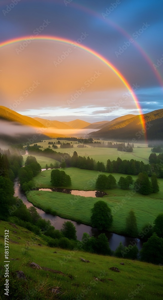 Obraz premium A stunning double rainbow arches over a misty green valley at sunrise.
