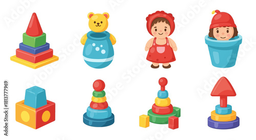 Colorful and Playful Toy Collection Featuring Stacking Rings, Dolls, and Educational Blocks for Children