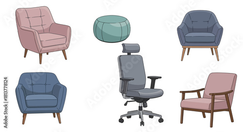 Collection of Armchairs and Furniture Isolated on White Background