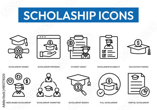 Collection of clean line icons related to scholarships, including awards, programs, grants, eligibility, funding, search, and committees. Ideal for education websites, apps, and infographics.