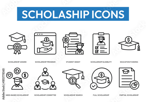 Collection of clean line icons related to scholarships, including awards, programs, grants, eligibility, funding, search, and committees. Ideal for education websites, apps, and infographics.