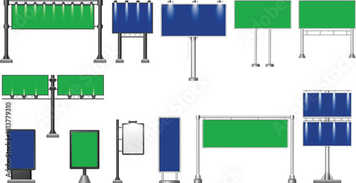 A collection of various blank billboards and advertising signs.