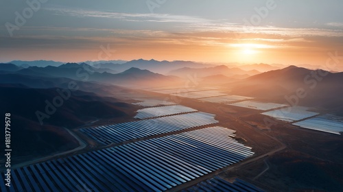 Solar panel farm landscape at sunset