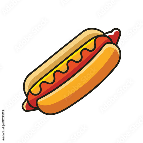 Cartoon Hot Dog Icon with Mustard in a Bun vector Illustration
