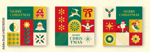 Christmas-themed geometric designs with festive elements, including reindeer, Santa, and floral patterns, on square backgrounds.