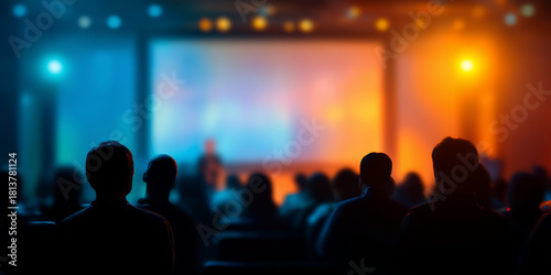Audience silhouetted watching a stage presentation with bright lights in a dark room