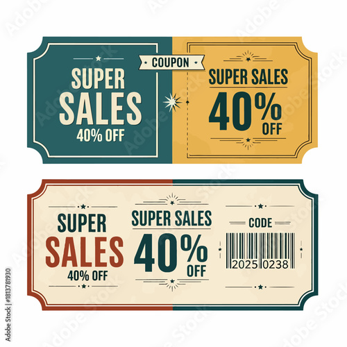 Half price offer, big super sale coupon discount on white background. Premium special price offers sale coupon or best promo retail pricing vouchers. Set of red tickets and labels. Vector illustration