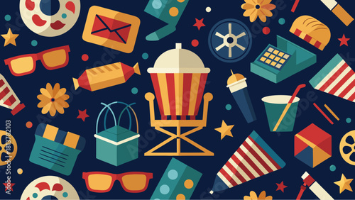 Seamless pattern with cinema-themed elements like popcorn, glasses, tickets and drinks on dark background