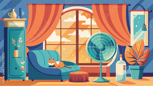 Cozy living room with cat resting on armchair near window and electric fan on a sunny day