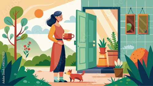 Woman enjoying morning coffee outside home with dog and plants on a peaceful sunny day in nature