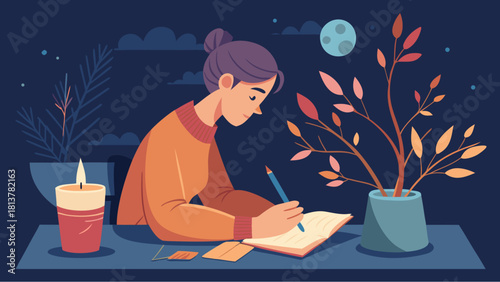 Young woman writing in notebook at night with candlelight and autumn plant on the table
