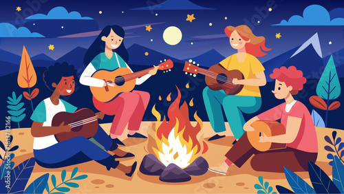 Group of young people playing instruments and singing by the campfire under the night sky
