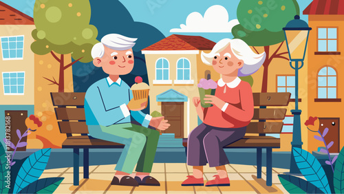 Elderly couple sitting on bench and enjoying sweets on a sunny day in the park
