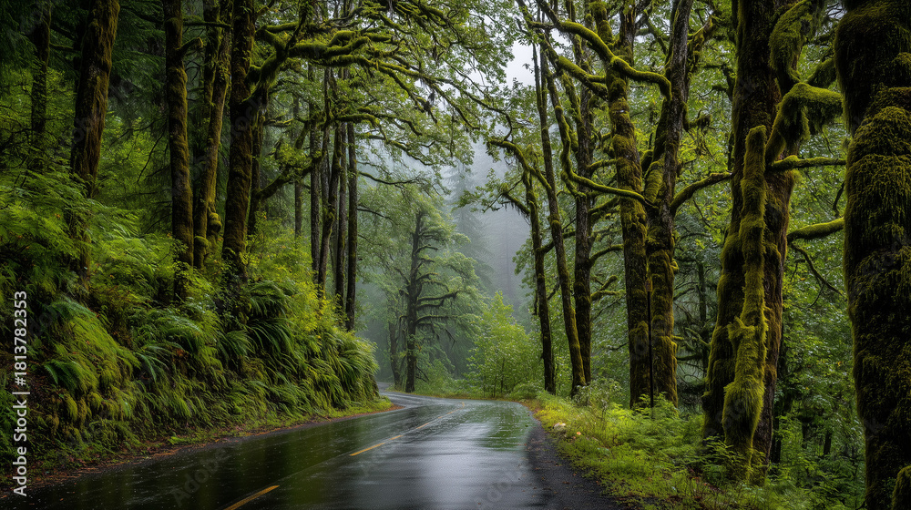 Fototapeta premium A serene wet forest road surrounded by lush moss-covered trees and dense greenery after rainfall, creating a calm and natural woodland atmosphere.