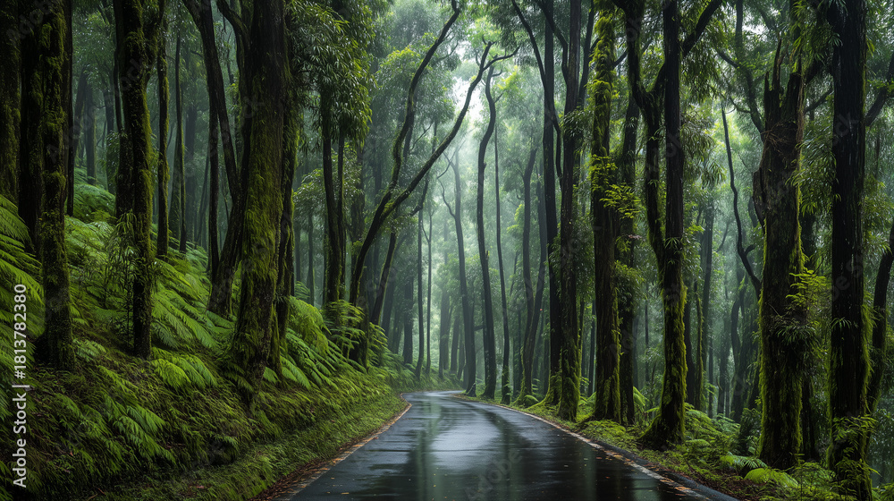 Naklejka premium A serene wet forest road surrounded by lush moss-covered trees and dense greenery after rainfall, creating a calm and natural woodland atmosphere.