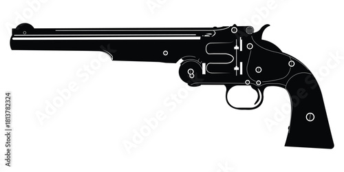 Vintage S&W Model 3 American Revolver silhouette vector, Classic single-action handgun outline, Retro firearm side-view illustration.eps
