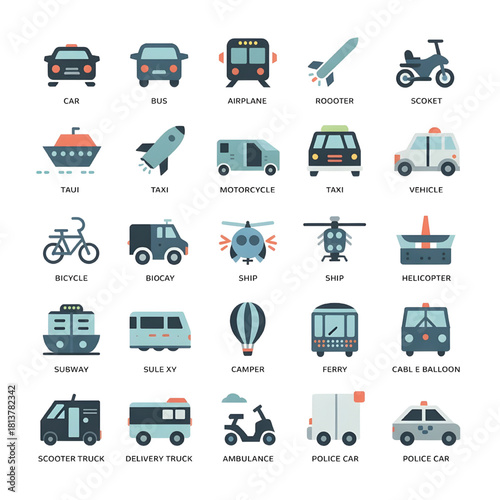 A comprehensive vector collection of flat design transportation icons featuring various modes of road, air, rail, and water transport. This diverse set includes cars, buses, bicycles, trains, planes, 