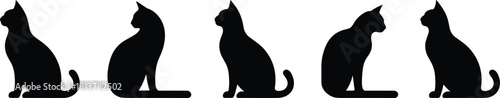 Set of five black cat silhouettes sitting in different poses, vector illustration isolated on white background, cute feline animal shapes for design and logo