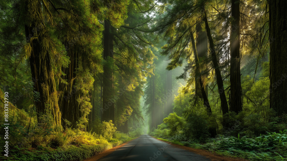Fototapeta premium AI-generated image - A serene forest road surrounded by towering moss-covered trees and lush greenery, illuminated by soft natural light.