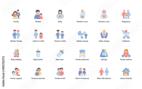 This vector icon set features 25 flat-design solid glyph icons related to family, parenting, baby care, maternity, and various relationships, in a modern style 