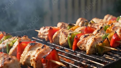 Delicious chicken and vegetable skewers grilling on a hot barbecue outdoors